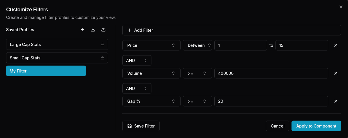 Select and create custom filters